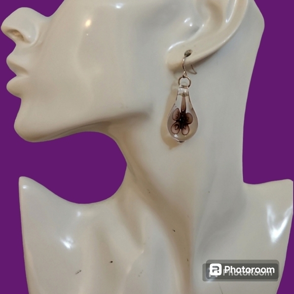 Floral Handblown Glass Teardrop Dangle Hook Earrings - Picture 1 of 3